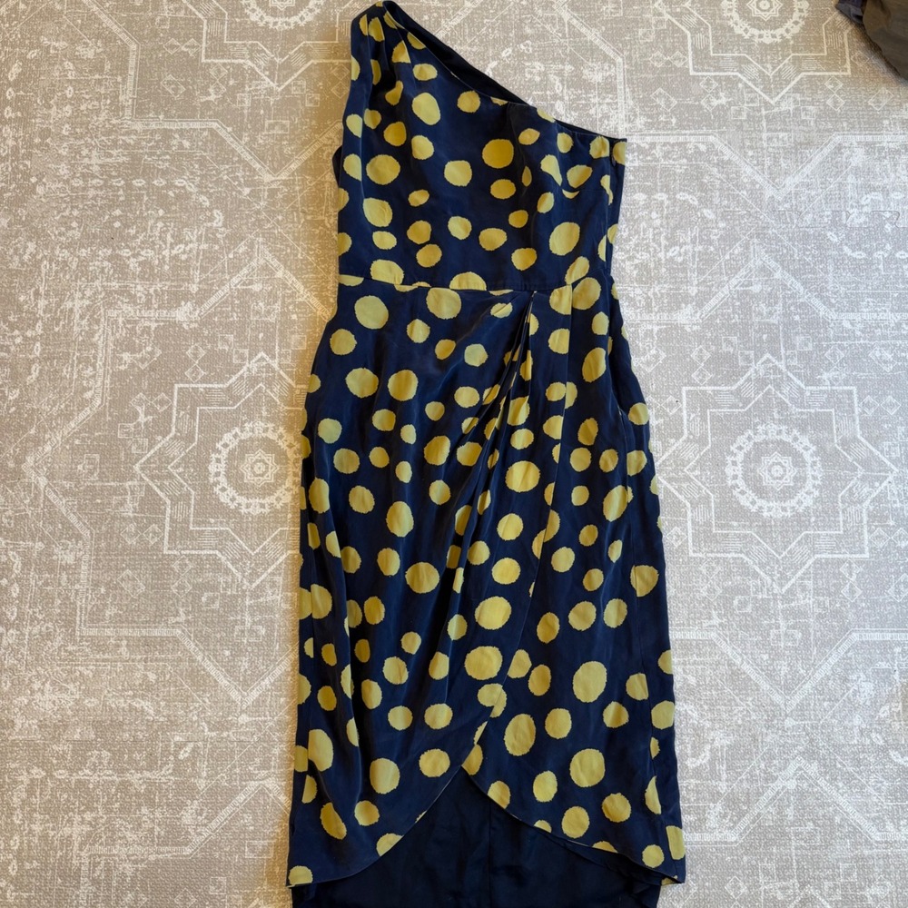 J‎ Crew Dress Size 0 One Shoulder Polka Dot Navy Yellow Party Cocktail
